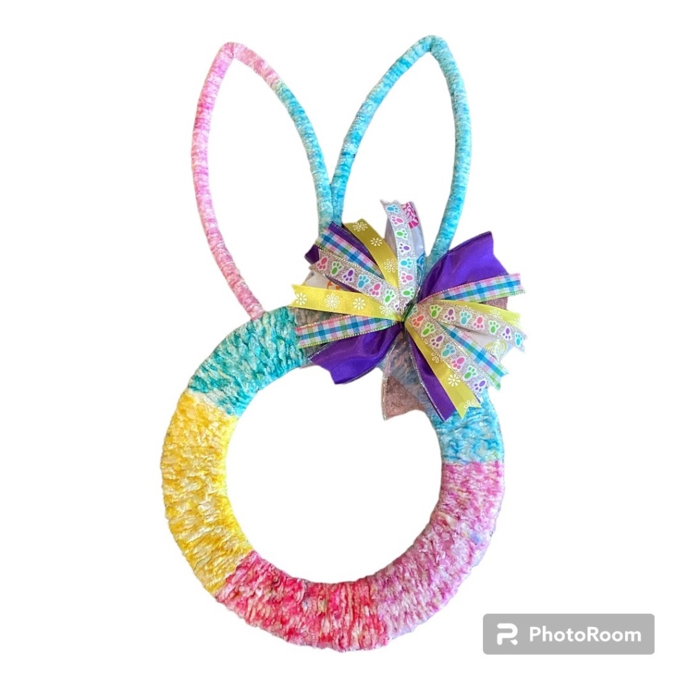 Chenille Yarn Easter Bunny Pastel Wreath with Bow